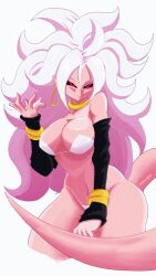 Rule 34 | 1girl, android 21, artist name, ass, bikini, black sclera, bracelet, breasts, collar, colored sclera, colored skin, dragon ball, dragon ball fighterz, earrings, elbow gloves, female focus, fingerless gloves, gloves, gold bracelet, jewelry, large breasts, long hair, looking at viewer, majin android 21, navel, neck ring, pink hair, pink skin, red eyes, sethwijez, smile, solo, swimsuit, tail, very long hair, white bikini