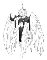 Rule 34 | 1girl, angel, angel wings, blush, boots, breasts, closed mouth, commentary request, full body, greyscale, haohi (less), high heel boots, high heels, highres, holding, holding weapon, index finger raised, less, looking at viewer, medium breasts, monochrome, original, pelvic curtain, pointy ears, polearm, ponytail, simple background, smile, solo, spear, standing, thigh boots, thighhighs, weapon, white background, wings