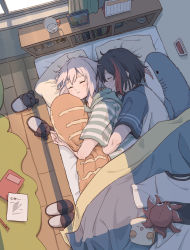 Rule 34 | animal-shaped pillow, aoba moca, bang dream!, bear slippers, black hair, bob cut, book, bookshelf, bread, calendar (object), closed eyes, commentary, cup, drawing (object), food, green shirt, grey hair, highres, hug, hug from behind, hugging object, kalsept, mechanical pencil, mitake ran, mug, multicolored hair, notebook, octopus, pencil, picture frame, pillow, pillow hug, red hair, rug, shark, shirt, short hair, sleeping, slippers, spooning, streaked hair, striped clothes, striped shirt, sunlight, symbol-only commentary, t-shirt, under covers, unworn slippers, white shirt, wooden floor