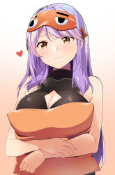 Rule 34 | 1girl, bare shoulders, breasts, brown eyes, byte (allbyte), cleavage, cleavage cutout, closed mouth, clothing cutout, commentary request, heart, highres, large breasts, long hair, looking at viewer, hugging object, original, pillow, pillow hug, purple hair, smile, solo, upper body, virtual youtuber