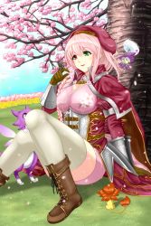 Rule 34 | 1girl, bad id, bad pixiv id, boots, brown footwear, brown gloves, bug, butterfly, cape, cherry blossoms, creature, cross-laced footwear, flower, flower knight girl, full body, gloves, green eyes, hat, heterochromia, highres, insect, lace-up boots, name connection, object namesake, pink hair, pink skirt, red eyes, red hat, sakura (flower knight girl), short hair, sitting, skirt, smile, solo, thighhighs, tks (tksmk3), tree, white thighhighs