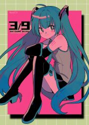 Rule 34 | 1girl, 39, aqua eyes, aqua hair, aqua necktie, arm tattoo, black footwear, black skirt, black sleeves, blush stickers, boots, bright pupils, closed mouth, commentary, crossed arms, detached sleeves, grey shirt, hair ornament, hatsune miku, highres, knees up, long hair, looking to the side, menma (enaic31), miku day, necktie, number tattoo, pleated skirt, shirt, sitting, skirt, sleeveless, sleeveless shirt, smile, solo, tattoo, thigh boots, tie clip, twintails, very long hair, vocaloid, white pupils