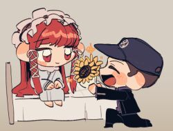 Rule 34 | 1boy, 1girl, bed, flower, giving flower, grey background, hair ornament, hospital bed, hospital gown, iori junpei, mayonejeu, persona, persona 3, red hair, smile, sunflower, yoshino chidori