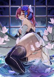 Rule 34 | 1girl, ass, black thighhighs, flower, hair flower, hair ornament, heterochromia, highres, hololive, houshou marine, japanese clothes, kimono, nazo kitsune, petals, purple flower, red hair, solo, thighhighs, thighs, virtual youtuber, water, wet, yellow eyes