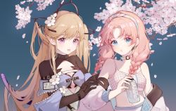 Rule 34 | 2girls, arknights, arm hug, bare shoulders, black gloves, blonde hair, blue background, blue eyes, blue poison (arknights), blue poison (shoal beat) (arknights), bottle, braid, breasts, cherry blossoms, cleavage, clenched teeth, closed mouth, collar, earrings, elbow gloves, flower, gloves, hair flower, hair ornament, hairband, highres, holding, holding bottle, id card, indigo (arknights), jacket, jewelry, konglijiwa, long hair, long sleeves, looking at viewer, medium breasts, midriff, multiple girls, off shoulder, official alternate costume, open clothes, open jacket, open mouth, parted bangs, petals, pink hairband, pointy ears, purple eyes, simple background, small breasts, smile, sports bra, teeth, twin braids, upper body, very long hair, white flower, white jacket