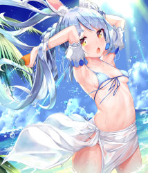 Rule 34 | 1girl, alternate costume, animal ear fluff, animal ears, arm cuffs, armpits, arms up, beach, bikini, blue bikini, blue hair, blue sky, blush, braid, breasts, carrot, cloud, day, front-tie bikini top, front-tie top, highres, hololive, long hair, looking at viewer, medium breasts, mogmog, multicolored hair, navel, ocean, open mouth, outdoors, palm tree, rabbit-shaped pupils, rabbit ears, sarong, sky, solo, standing, swimsuit, symbol-shaped pupils, thick eyebrows, tree, twin braids, two-tone hair, usada pekora, virtual youtuber, wading, water, white hair