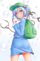 Rule 34 | 1girl, backpack, bag, blue eyes, blue hair, blush, breasts, bubble, from behind, hair bobbles, hair ornament, hat, irudana, kawashiro nitori, key, looking at viewer, looking back, matching hair/eyes, mechanical arms, single mechanical arm, skirt, smile, solo, touhou, wrench