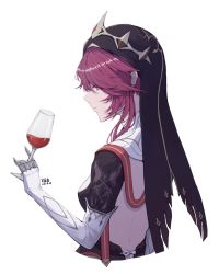 Rule 34 | 1girl, alcohol, backless dress, backless outfit, black dress, breasts, cropped torso, cup, dated, dress, drink, drinking glass, elbow gloves, genshin impact, gloves, highres, holding, holding cup, long hair, parted lips, profile, purple hair, red eyes, rosaria (genshin impact), rosaria (to the church&#039;s free spirit) (genshin impact), signature, simple background, small breasts, solo, upper body, veil, white background, white gloves, wine, wine glass, yang zheng yu