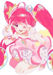 Rule 34 | 1girl, absurdres, ahoge, blunt bangs, blush, choker, cure star, double v, dress, earrings, full body, fur cuffs, hair ornament, highres, hoop earrings, hoshina hikaru, jewelry, long hair, looking at viewer, magical girl, one eye closed, open mouth, petticoat, pink choker, pink dress, pink eyes, pink hair, pink thighhighs, planet hair ornament, precure, seika (yuimarutoka0219), short dress, simple background, single thighhigh, sitting, smile, solo, star (symbol), star choker, star twinkle precure, thighhighs, twintails, v, very long hair, white background, wrist cuffs
