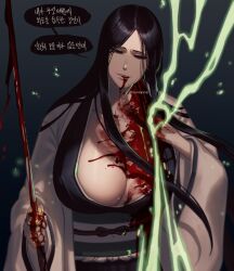 Rule 34 | 1girl, 50x48x48, black hair, bleach, blood, blood from mouth, breasts, cleavage, cropped legs, gradient background, half-closed eyes, highres, holding, holding weapon, huge breasts, japanese clothes, korean text, minazuki (bankai), simple background, solo, standing, translation request, unohana retsu, weapon, zanpakutou
