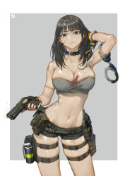 Rule 34 | 1girl, absurdres, arm up, bandeau, belt, belt pouch, black collar, black gloves, black hair, blood, blood on breasts, blue eyes, breasts, choker, cleavage, closed mouth, collar, collarbone, commission, cuffs, fingerless gloves, fingernails, gloves, gun, handcuffs, highres, holding, holding gun, holding weapon, medium hair, navel, pouch, second-party source, shackles, shiny skin, short shorts, shorts, smile, smoke, solo, strapless, sudden attack, sweat, thigh strap, torn clothes, tube top, two-tone background, weapon, youzu (youzuyozu)