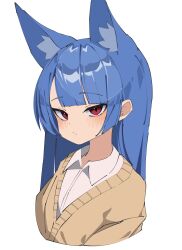 Rule 34 | 1girl, absurdres, animal ear fluff, animal ears, blue hair, blush, brown cardigan, cardigan, closed mouth, collared shirt, commentary, cropped torso, dress shirt, highres, long hair, looking at viewer, myakuro, original, red eyes, shirt, simple background, solo, symbol-only commentary, upper body, white background, white shirt