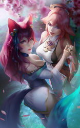 Rule 34 | 2girls, ahri (league of legends), animal ears, bell, breasts, cherry blossoms, crossover, detached sleeves, dutch angle, female focus, fox ears, fox shadow puppet, fox tail, from above, genshin impact, hair bell, hair ornament, japanese clothes, kimono, large breasts, league of legends, long hair, looking at viewer, low-tied long hair, multiple girls, nontraditional miko, olesyaspitz, pink hair, purple eyes, sideboob, spirit blossom ahri, tail, vision (genshin impact), yae miko