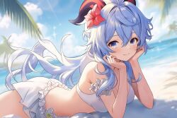 Rule 34 | 1girl, beach, blue hair, blush, breasts, flower, ganyu (genshin impact), genshin impact, hair flower, hair ornament, horns, long hair, looking at viewer, low ponytail, lying, medium breasts, ocean, on stomach, purple eyes, red flower, sidelocks, smile, solo, sparkle, swimsuit, ton ton tontoro