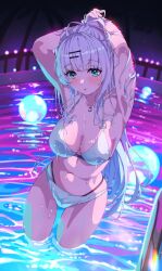Rule 34 | 1girl, :o, adjusting hair, ball, bikini, blush, breasts, cleavage, collarbone, cowboy shot, crescent, crescent necklace, dot nose, fisheye, green eyes, grey hair, hair ornament, hairpin, hands in hair, highleg, highleg bikini, highres, jewelry, large breasts, legs apart, long hair, looking at viewer, navel, necklace, night, open mouth, outdoors, ponytail, pool, project nebula, railing, reflection, reflective water, sakatsuki yakumo, sidelocks, silhouette, solo, stomach, swimsuit, thighs, usui yura, virtual youtuber, wading, white bikini