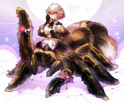 Rule 34 | 1girl, :3, arachne, arthropod girl, black gloves, capelet, commentary request, commission, english text, extra legs, flower, flower bracelet, gloves, hair flower, hair ornament, hogara, insect girl, looking at viewer, monster girl, original, petals, pink hair, skeb commission, solo, spider girl, taur, waving, yellow eyes