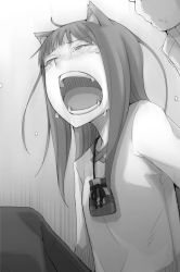 Rule 34 | 1girl, animal ears, ayakura juu, crying, closed eyes, fang, greyscale, holding hands, holo, monochrome, novel illustration, official art, open mouth, pouch, shirt, spice and wolf, tears, wolf ears