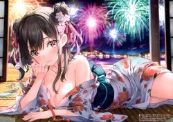 Rule 34 | 1girl, absurdres, aerial fireworks, bare shoulders, black hair, blurry, blurry background, blush, breasts, cleavage, closed mouth, collarbone, commentary request, depth of field, double bun, fireworks, floral print, flower, fujima takuya, hair between eyes, hair bun, hair flower, hair ornament, highres, japanese clothes, kimono, long hair, long sleeves, looking at viewer, lying, medium breasts, night, night sky, non-web source, obi, off shoulder, on stomach, original, print kimono, red eyes, sash, sky, solo, twitter username, water, white flower, white kimono, wide sleeves, yukata