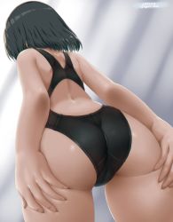 Rule 34 | 1girl, ass, ass focus, ass grab, back, black hair, black one-piece swimsuit, competition swimsuit, cowboy shot, day, dd (ijigendd), facing away, from behind, grabbing own ass, highres, long hair, one-piece swimsuit, original, solo, standing, swimsuit, thighs