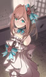 Rule 34 | 1girl, :3, alternate costume, aqua bow, aqua bowtie, arms behind back, bare shoulders, blue eyes, bow, bowtie, brown hair, collar, cowboy shot, crown, detached collar, dress, flower, frilled collar, frilled dress, frills, ganesagi, hair bow, hair flower, hair ornament, highres, looking at viewer, medium hair, mini crown, nijisanji, smile, solo, striped, striped bow, suzuhara lulu, tile floor, tiles, virtual youtuber, white dress, x hair ornament
