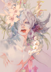 Rule 34 | 1boy, bandage over one eye, flower, food, fruit, grapes, green eyes, grey hair, highres, jewelry, lily (flower), looking at viewer, male focus, necklace, open mouth, orchid, original, pearl necklace, plant, topless male, short hair, snake, solo, temoshi, tongue, tongue out, upper body, venus flytrap, white hair