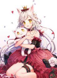 Rule 34 | 1girl, animal ear fluff, animal ears, bare shoulders, black bow, black dress, black nails, blush, bow, bridal garter, brown eyes, cat ears, cat girl, cat tail, commentary request, crown, dress, fingernails, flower, head tilt, long hair, looking at viewer, mini crown, momoshiki tsubaki, nail polish, hugging object, original, petals, puffy short sleeves, puffy sleeves, red bow, rose, short sleeves, silver hair, simple background, sitting, solo, striped, striped bow, stuffed animal, stuffed cat, stuffed toy, tail, tail raised, very long hair, wariza, white background, white flower, white rose