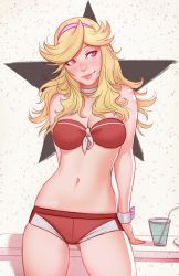 Rule 34 | 1girl, arm support, bad id, bad twitter id, bendy straw, bikini, bikini top only, blonde hair, blush, boobies uniform, breasts, choker, cleavage, closed mouth, commentary, cowboy shot, cup, drinking straw, english commentary, front-tie top, gluteal fold, hairband, head tilt, heart, honey (space dandy), leaning back, long hair, looking at viewer, looking to the side, medium breasts, navel, pink eyes, pink lips, red bikini, red shorts, short shorts, shorts, solo, space dandy, star (symbol), stomach, swimsuit, thighs, tsuaii, white choker, wrist cuffs