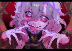 Rule 34 | 1girl, artist name, black border, border, briar (league of legends), colored sclera, fangs, fingernails, furrowed brow, gradient hair, grey eyes, grey hair, hair between eyes, hands up, highres, kremtaro, league of legends, letterboxed, looking at viewer, multicolored hair, pink hair, pink sclera, pointy ears, portrait, sharp fingernails, sharp teeth, short eyebrows, sidelocks, smile, solo, teeth, thick eyebrows, tongue, tongue out, two-tone hair, upper body, upper teeth only, vampire, wrist cuffs