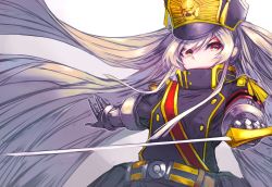 Rule 34 | 10s, 1girl, altair (re:creators), armband, bad id, bad pixiv id, belt, black hat, buttons, covered mouth, epaulettes, floating hair, gauntlets, hands up, hat, high collar, highres, holding, holding sword, holding weapon, light purple hair, long hair, looking at viewer, military, military uniform, outstretched arm, re:creators, red eyes, saber (weapon), shako cap, sidelocks, solo, sword, tassel, twintails, uniform, upper body, very long hair, weapon, wind, wse