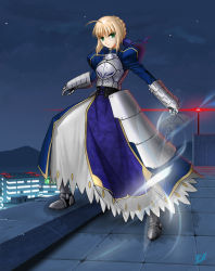 Rule 34 | 00s, 1girl, ahoge, armor, armored dress, artoria pendragon (all), artoria pendragon (fate), blonde hair, boots, braid, dress, excalibur (fate/stay night), fate/stay night, fate (series), faulds, gauntlets, green eyes, hair ribbon, invisible air (fate), night, ranh, ribbon, rooftop, saber (fate), solo, star (symbol), sword, weapon