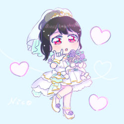Rule 34 | 1girl, :o, a dress to dream about (love live!), alternate hairstyle, aqua background, aqua skirt, artist name, artist request, bare legs, bare shoulders, black hair, blush, bouquet, bow, bracelet, breasts, collarbone, diamond (gemstone), dress, dress bow, earrings, female focus, flower, frilled dress, frilled skirt, frills, full body, gloves, hair between eyes, hair bow, heart, high heels, holding, holding bouquet, jewelry, looking at viewer, love live!, love live! school idol festival, love live! school idol festival all stars, love live! school idol project, miniskirt, necklace, parted lips, pearl bracelet, pearl necklace, plaid, plaid dress, plaid skirt, pleated, pleated dress, pleated skirt, ponytail, red eyes, short hair, short ponytail, skirt, sleeveless, sleeveless dress, smile, solo, standing, standing on one leg, tiara, veil, w, wedding dress, white bow, white dress, white footwear, white gloves, white high heels, white skirt, white veil, yazawa nico