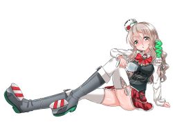 Rule 34 | 1girl, boots, bow, bowtie, breasts, brown eyes, cup, drinking glass, grey hair, hat, holding, holding cup, kantai collection, long sleeves, medium breasts, mini hat, miniskirt, pola (kancolle), second-party source, shirt, sitting, skirt, solo, thighhighs, tilted headwear, wavy hair, white shirt, white thighhighs, wine glass, yokoshima (euphoria)
