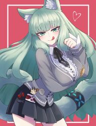 Rule 34 | 1girl, animal ear fluff, animal ears, arknights, arm under breasts, breast hold, breasts, cape, cardigan, cat ears, cat girl, cat tail, collared shirt, green eyes, green hair, grey cardigan, harmonie (arknights), heart, highres, infection monitor (arknights), large breasts, long hair, mooootmt, paw pose, pleated skirt, shirt, skirt, tail, tail ornament, tail ring, tongue, tongue out, white cape, white shirt
