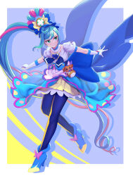 Rule 34 | 1girl, absurdres, blue footwear, blue hair, blue pantyhose, closed mouth, collarbone, cure spicy, delicious party precure, detached collar, floating hair, full body, gloves, green eyes, high heels, highres, layered skirt, long hair, miniskirt, multicolored hair, outstretched arms, outstretched hand, pam-pam (precure), pantyhose, pink hair, pleated skirt, precure, shrimp1634, skirt, smile, solo, standing, two-tone hair, very long hair, white gloves, yellow skirt