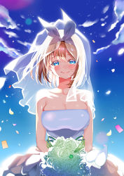 Rule 34 | absurdres, bare shoulders, blue eyes, blue sky, blush, bouquet, breasts, bridal veil, cleavage, closed mouth, cloud, clover, collarbone, confetti, dress, flower, four-leaf clover, go-toubun no hanayome, hair ribbon, highres, holding, holding bouquet, nakano yotsuba, orange hair, piyopoyo, ribbon, simple background, skindentation, sky, smile, solo, spoilers, tears, veil, wedding dress, white dress, white flower