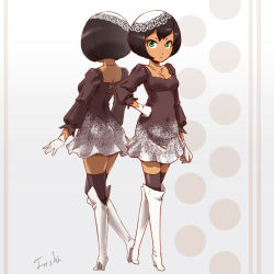 Rule 34 | 1girl, black hair, boots, dark-skinned female, dark skin, dress, face, food-themed clothes, gloves, green eyes, hand on own hip, high heels, hip focus, original, shoes, short hair, thigh boots, thighhighs, toshi punk
