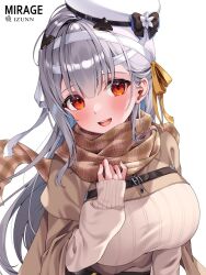Rule 34 | @shun, bandaged head, bandages, breasts, brown scarf, casual, goddess of victory: nikke, grey hair, hat, highres, jacket, large breasts, long hair, long sleeves, modernia (nikke), open mouth, red eyes, ribbon, scarf, shirt, simple background, smile, upper body, white background, white hat, yellow ribbon