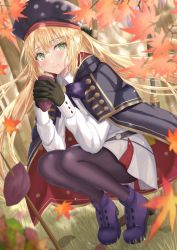 Rule 34 | 1girl, absurdres, artoria caster (fate), artoria caster (second ascension) (fate), artoria pendragon (fate), autumn, autumn leaves, belt, black bow, black gloves, black pantyhose, blonde hair, blue cape, blue hat, blush, bow, bowtie, buttons, cape, closed mouth, commentary request, dress, eating, fate/grand order, fate (series), floating hair, food, food on face, forest, gloves, grass, green eyes, hair between eyes, hair bow, hat, highres, holding, holding food, kazama (akki12), leaf, long hair, long sleeves, looking at viewer, nature, outdoors, pantyhose, purple bow, purple bowtie, purple footwear, sidelocks, solo, squatting, sweet potato, tree, twintails, very long hair, white dress