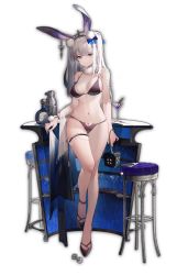 Rule 34 | 1girl, alcohol, animal ears, bag, bikini, black bikini, black footwear, bottle, breasts, cocktail glass, cocktail shaker, cup, drinking glass, ear ornament, extra ears, fur collar, game cg, hair ornament, handbag, highres, kaavi, liduke, long hair, mahjong soul, medium breasts, multiple views, non-web source, official art, open mouth, parted lips, pom pom (clothes), silver hair, stool, sweat, swimsuit, thigh strap, transparent background, yellow eyes