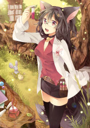 Rule 34 | 1girl, :x, animal ears, arm up, bell, belt, black hair, black thighhighs, book, bookshelf, bow, branch, breasts, cheese, chocho (homelessfox), cleavage, collar, fang, food, fox ears, fox tail, glasses, grass, green-framed eyewear, hair ornament, hairclip, highres, lab coat, leaf, long hair, long sleeves, mouse (animal), neck bell, open mouth, original, over-rim eyewear, pencil skirt, pocket, rabbit, rabbit ears, red eyes, semi-rimless eyewear, skirt, sleeves past wrists, small breasts, solo, tail, test tube, thighhighs, tree, vial, zettai ryouiki