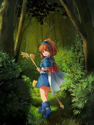 Rule 34 | 1girl, :d, arle nadja, armor, blue footwear, blue skirt, boots, bracer, brown eyes, brown hair, bush, cape, commentary request, day, forest, full body, gold trim, grass, hairband, highres, holding, looking at viewer, looking back, madou monogatari, nature, open mouth, outdoors, pauldrons, puyopuyo, shoulder armor, skirt, smile, solo, staff, standing, tree, waichi, white cape
