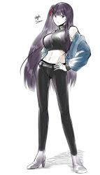 Rule 34 | 1girl, arm behind back, belt, black pants, black tank top, blue jacket, breasts, closed mouth, clothes pull, crop top, girls&#039; frontline, hand on own hip, high heels, highres, jacket, jacket pull, long hair, looking at viewer, medium breasts, open clothes, open jacket, pants, purple hair, red eyes, red ribbon, ribbon, side ponytail, solo, standing, stigmamyu, tank top, wa2000 (girls&#039; frontline), white background, white footwear