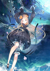 Rule 34 | 1girl, :o, abigail williams (fate), arms up, black bow, black dress, black footwear, black hat, blonde hair, bloomers, blue eyes, bow, bubble, bug, butterfly, commentary request, dress, fate/grand order, fate (series), hair bow, hat, insect, long hair, long sleeves, looking at viewer, mary janes, orange bow, parted bangs, parted lips, polka dot, polka dot bow, shoes, sleeves past wrists, solo, underwear, very long hair, water, white bloomers, yuugen