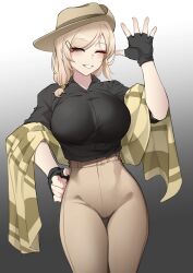 Rule 34 | 1girl, ^ ^, absurdres, black gloves, black shirt, blonde hair, breasts, brown hat, brown pants, closed eyes, commentary, cowboy shot, facing viewer, fedora, female focus, fingerless gloves, gloves, gradient background, grey background, grin, groin, hand on own hip, hand up, hat, highres, k0ng, large breasts, original, pants, shawl, shirt, short hair, smile, solo, standing, thigh gap, thighs