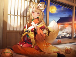 Rule 34 | 1girl, animal ear fluff, animal ears, ball, bell, blonde hair, blush, closed mouth, commentary request, floral print, fox ears, fox girl, fox mask, fox tail, hair between eyes, indoors, japanese clothes, jingle bell, kanda done, kimono, long hair, long sleeves, looking at viewer, mask, mask on head, moon, night, onsen, orange eyes, original, purple ribbon, ribbon, sidelocks, sitting, smile, solo, steam, tail, wide sleeves, wooden floor