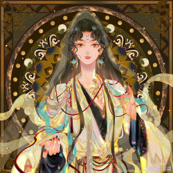 Rule 34 | 1girl, artist logo, black hair, breasts, brown eyes, chinese clothes, chinese commentary, circle, cleavage, dress, earrings, facial mark, forehead mark, hanfu, hoop earrings, jewelry, light particles, long hair, long sleeves, looking at viewer, mudra, necklace, original, outstretched hand, parted lips, red lips, red nails, shawl, small breasts, solo, sphere earrings, straight-on, upper body, veil, vitarka mudra, weibo logo, weibo username, wide sleeves, xunbaichasi