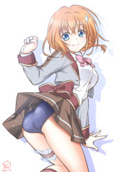 Rule 34 | 1girl, blouse, blue eyes, blue one-piece swimsuit, bow, bowtie, braid, breasts, bridal garter, brown skirt, buttons, closed mouth, cropped jacket, hair ornament, hairclip, jacket, kamome narumi, medium breasts, mori marimo, one-piece swimsuit, open clothes, open jacket, orange hair, pink bow, school swimsuit, shironeko project, shirt, short hair, simple background, skirt, skirt flip, smile, standing, swimsuit, swimsuit under clothes, white background, white shirt