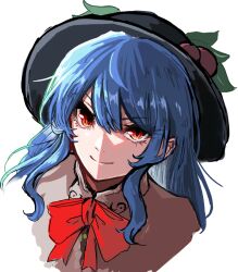 Rule 34 | black headwear, blue hair, bow, bowtie, closed mouth, commentary request, food, fruit, hinanawi tenshi, leaf, long hair, looking at viewer, peach, portrait, red bow, red bowtie, red eyes, simple background, smile, solo, takana (forsterite), touhou, white background