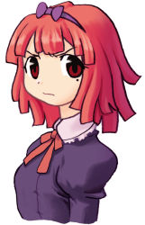 Rule 34 | 1girl, aged down, frown, hairband, la pucelle, mole, mole under eye, nippon ichi, official art, prier, red eyes, red hair, ryoji (nomura ryouji), short hair, simple background, solo, white background