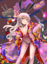 Rule 34 | 1girl, alternate costume, black background, black hairband, blonde hair, breasts, commentary request, feet out of frame, floral print, gradient background, grey eyes, hairband, highleg, highleg panties, highres, japanese clothes, kantai collection, kimono, leaning forward, long hair, looking at viewer, mmk, open clothes, open kimono, panties, purple kimono, rensouhou-chan, shimakaze (kancolle), simple background, small breasts, standing, underwear